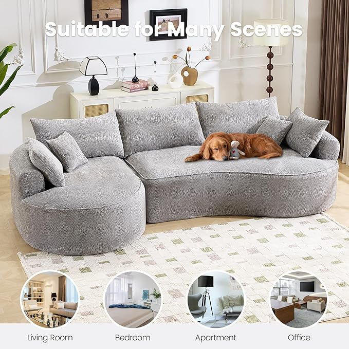 126” Oversized Curved Sectional Sofa L Shaped Chenille Boneless Couch with Deep Seat &amp 7 Pillows for Living Room Bedroom No Assembly Required (Grey)