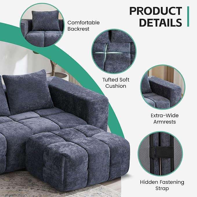 78.7 Boneless Modular Sectional Loveseat Tufted Cloud Couch with Deep Seat Chenille Sofa for Living Room Compressed Sofa No Assembly Required Blue