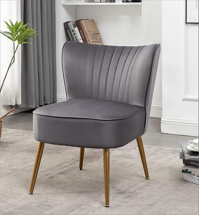 Modern Velvet Accent Chair for Living Room Bedroom or Entryway Stylish and Comfortable Armless Design with Metal Legs Grey