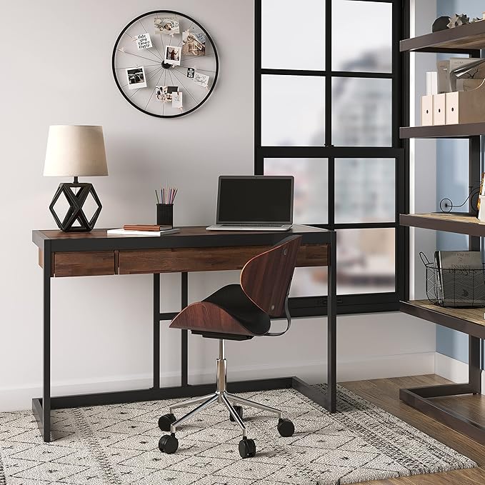 SIMPLIHOME Erina Desk - 48 Inch Wide Solid Acacia Wood and Metal Writing Desk in Distressed Charcoal Brown Modern Industrial Home Office Computer Table with 2 Drawers and Flip-Down Keyboard Tray