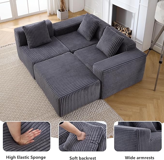 100.79 L-Shape Cloud Couch with Ottoman Upholstered Corduroy Modular Sectional Sofa Deep Seat Couch with Free Combination for Living Room &amp Bedroom No Assembly Required Dark Grey