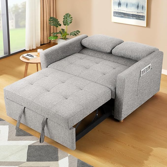 SEJOV Convertible Sofa Bed 3 in 1 Sleeper Sofa with Pull Out Bed Futon Couch with Storage Side Pocket Loveseat with Adjustable Backrest for Small Space Apartment loft Grey