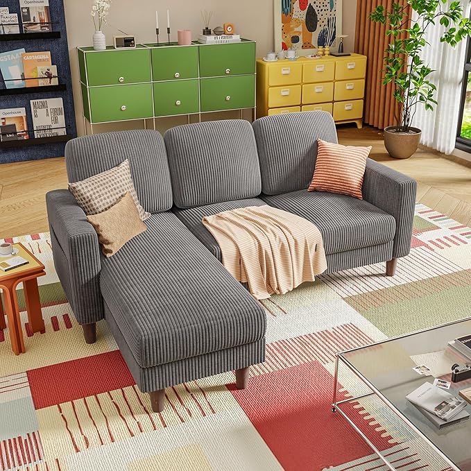 YESHOMY Couches for Living Room Sofa with Movable Ottoman Small Couch with Reversible Chaise and Side Pockets L Shaped Couch for Small Space Apartment (Corduroy Grey)
