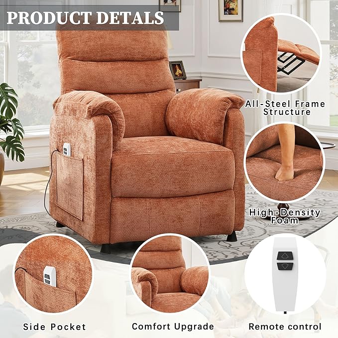 Power Recliner Sofa Electric Recliner Chair with Remote Side Pocket and Adjustable Backrest 350 LBS Soft Chenille Fabric Armchair for Living Room Bedroom Orange