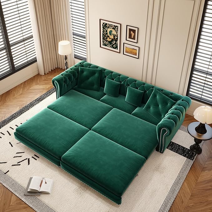 89'' Pull Out Sofa Bed King Chesterfield Velvet Sleeper Sofa Convertible L-Shaped Futon Couch Tufted Back 4 Pillows Ottoman Deep Seat Loveseat Couches for Living Room Apartment Green