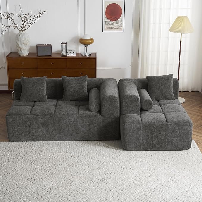 101.2 Sectional Sofa Full-Compressed Sofa Modular Sofa Couch Free-Combined with Deep Seating and Two Side Pockets for Living Room (Grey@90)