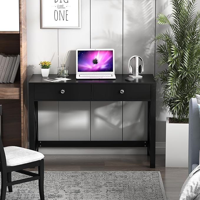 WiberWi Home Office Desk with Drawers Black Modern Writing Computer Desk Small Makeup Vanity Table for Bedroom Study Table for Home Office
