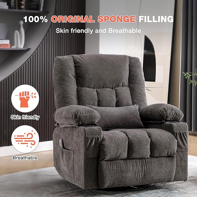 Massage Swivel Recliner Chair with Vibration Massage and Lumbar Heating for AdultsOversized Rocker Recliner Single Sofa with Side PocketTwo Cup Holders and USB Charge Port for Living Room