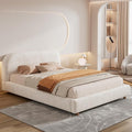 Merax Queen Size Teddy Fleece Thick Fabric Upholstered Platform Bed with Curved Shaped Headboard Wood Bed Frame with Solid Round Legs for Kids Teens Adults White