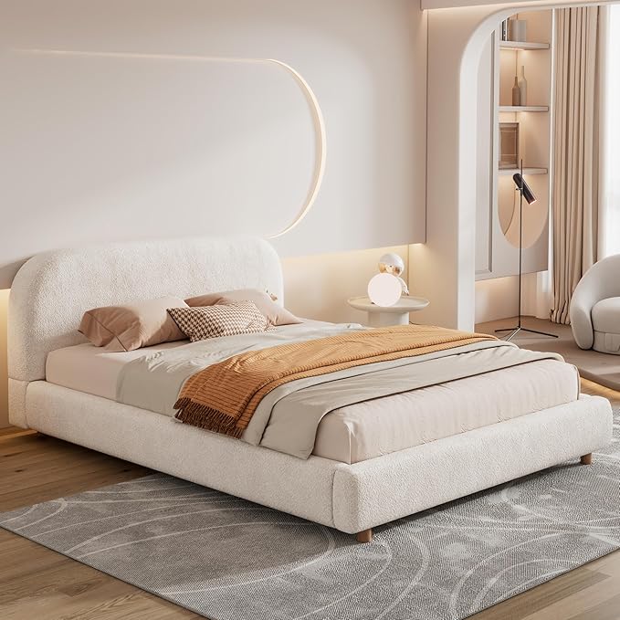 Merax Queen Size Teddy Fleece Thick Fabric Upholstered Platform Bed with Curved Shaped Headboard Wood Bed Frame with Solid Round Legs for Kids Teens Adults White