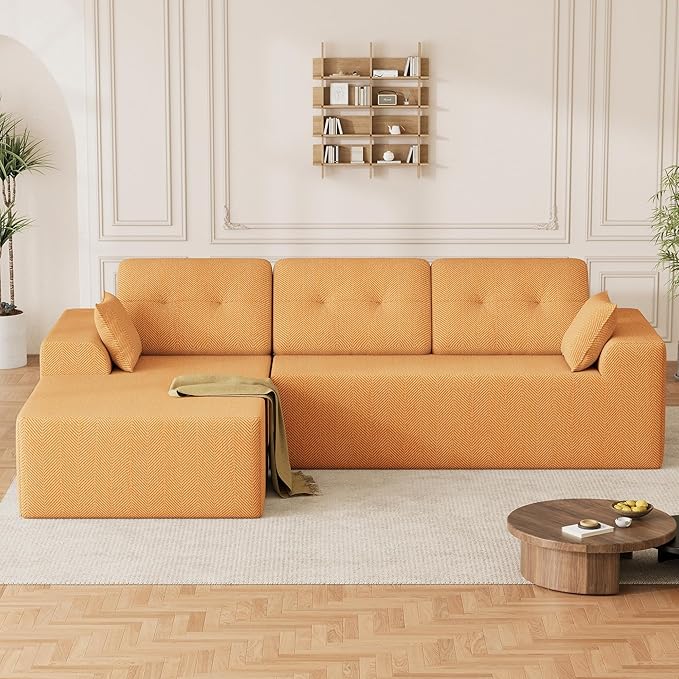 Ball &amp Cast 106 Cloud Sectional Couch Compressed L-Shaped Sofa with Deep Seat Chaise Boneless No Assembly Modular Couch Foam &amp Spring Support 2 Boxes (Left Facing Chenille Orange)