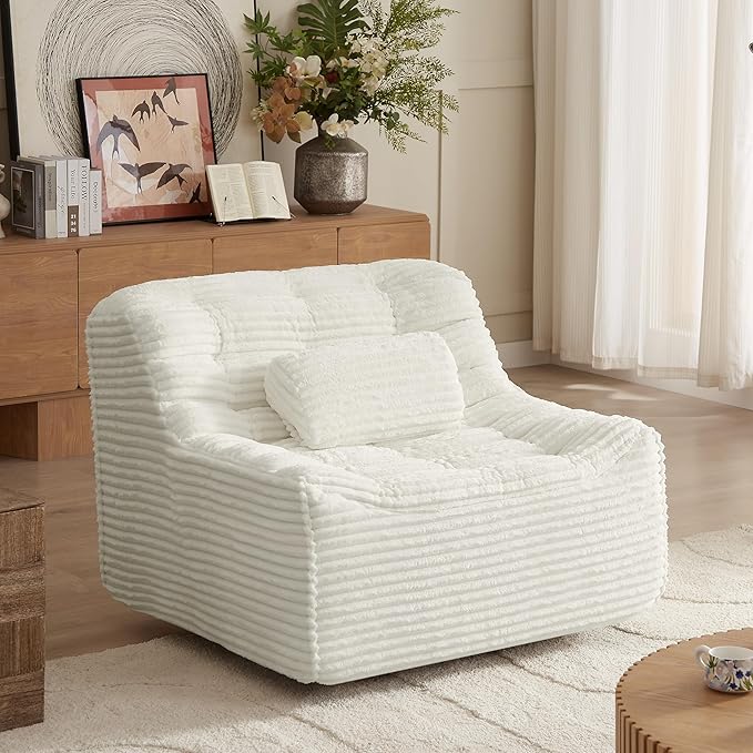 Vyneltio Oversized Swivel Accent Chair Corduroy Upholstered Book Nook Chair Big Lazy Sofa Chair for Living Room Bedroom Dorm Office-Beige