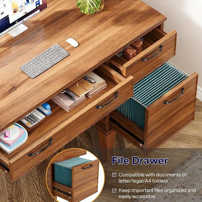 Tribesigns Farmhouse Computer Desk with 3 Drawers 47 Office Desk with File Storage Writing Table for Home Bedroom Study Room Brown