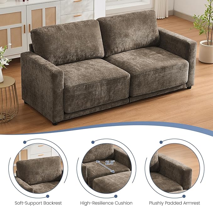 77.4 Oversized Loveseat Couch Upholstered Modular Sectional Sofa with Thick Cushions Love Seat Sofa Chenille Comfy 2 Seater Sofas for Living Room Easy Assembly Brown