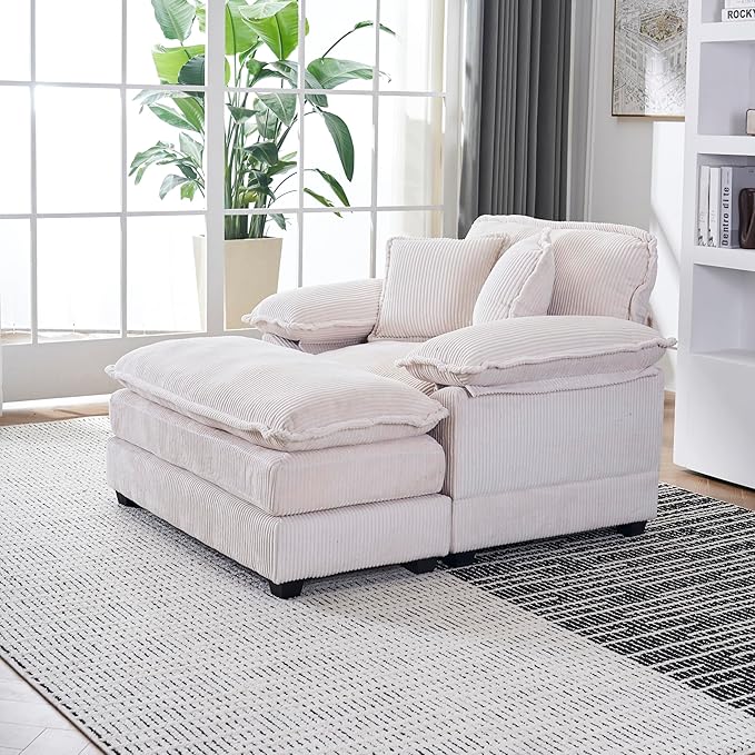 TTK Oversized Chaise Lounge Chair with Ottoman - 39.17 Wide Modern Sleeper Sofa for Living Room Bedroom &amp Office - Deep Seat Sectional Couch with Pillow Comfortable Reading ChairWhite