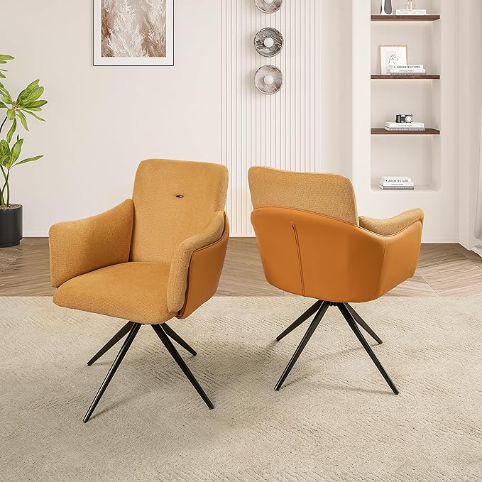 KEIKI 360° Swivel Home Office Desk Chairs Set of 2Modern Dining Chairs with Arm Upholstered Bedroom Chairs with Metal BaseMakeup Chair for Vanity Living Room Bedroom Orange