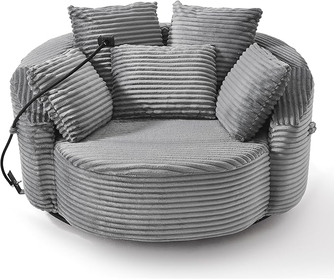 360° Swivel Accent Chair with 5 Throw Pillows Adjustable Phone Holder Corduroy Fabric Round Sofa Chair Barrel Chair with Semi-Wraparound Design for Living Room Office and Hotel (Gray1)