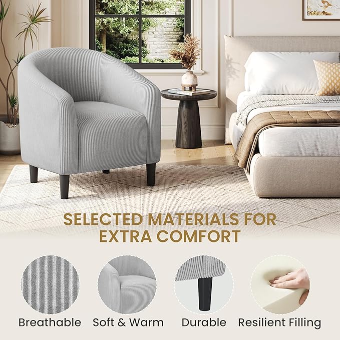 Yaheetech Accent Barrel Chair Corduroy Fabric Club Chair Furry Sherpa Elegant Armchair with Cozy Soft Padded for Living Room Bedroom Reception Room Office Set of 2 Light Gray