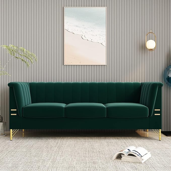 83.46 W Green Velvet Sofa Couch with Metal Gold Legs 3-Seater High Arm Upholstered Sofa for Living Room Bedroom Office (Green)