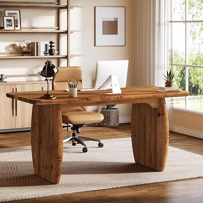 63-Inch Solid Wood Executive Desk Large Office Computer Desk with Sturdy Wooden Legs Farmhouse Writing Table Business Workstation for Home Office Brown