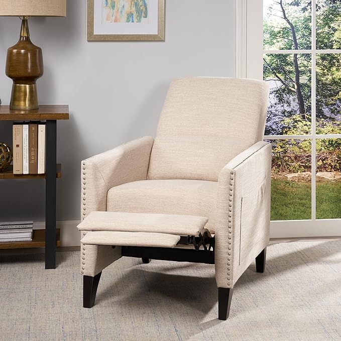 KEIKI Push Back Chair Living Room Chaise Lounge Single Sofa Upholstered Armchair with Wooden Legs and Nailhead Trim