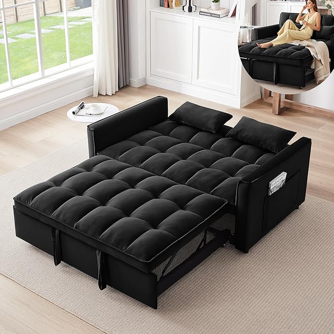 KEIKI 51.2 3-in-1 Convertible Sofa Bed Sleeper Sofa Chair with Adjustable Backrest Side Pockets &amp Roller Legs Cloud Futon Couch for Apartment Bedroom or Office Black
