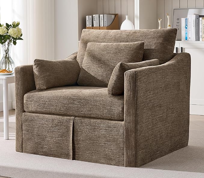 ONBRILL Accent Chair for Living Room Slipcovered Chair with 3 Throw Pillows Comfy Reading Chair Deep Seat Armchair w/Sloped Arms Modern Single Couch Sofa for Apartment Brown
