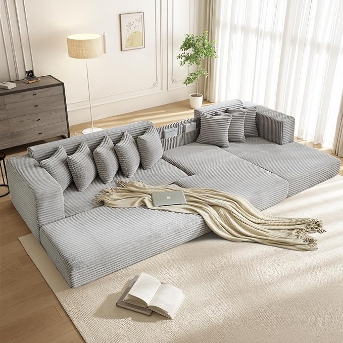 110 Boneless Couches for Living Room Cloud Modular Sectional Sofa Bed Customizable Convertible Sleeper Sofa Plush Corduory Folding Futon Floor Couch No Assembly(Light GreyRight)