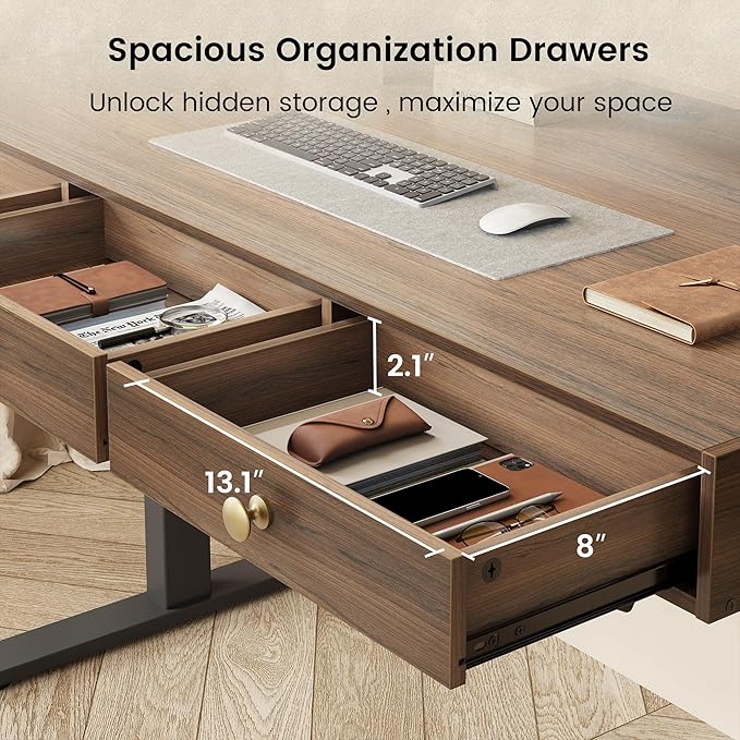 Standing Desk with 3 Drawers 47.2 x 26 Inches Height Adjustable Desk with Monitor Shelf Electric Stand Up Table with Storage for Home and Office Black Walnut