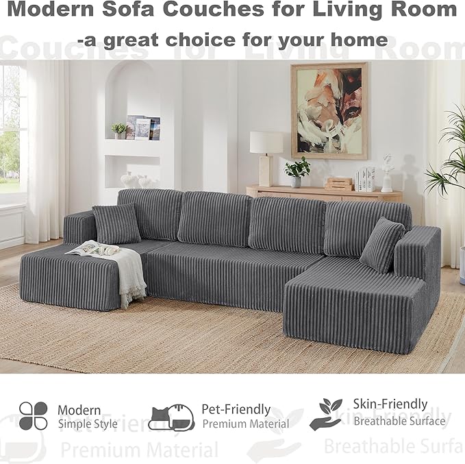 Comfortable Compression U-Shaped Modular Combination Sofa Compression Combination Modern Minimalist Corduroy Sofa Suitable for Living Room and Bedroom (Grey)