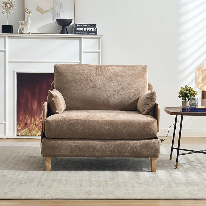 GDFStudio Foldable Sofa Bed Recliner 3-in-1 Convertible Sleeper Sofa with Pillows Mid Century Modern Chenille Upholstery for Small Spaces Bedroom Study Room Guest Room Light Brown