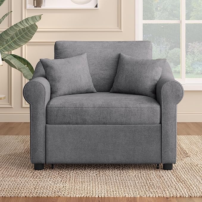 Convertible Sleeper Chair with Adjustable Backrest 3-in-1 Sleeper Chair with Metal Frame 3 in 1 Lounger Chair Turns Into Bed Chenille Fabric Single Bed for Living Room