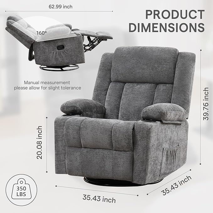 Swivel Rocker Recliner for Adults Manual Lazy Boy Recliner Chair with Cup Holders 360 Degree Rotating Nursery Rocking Chair Glider Recliner for Living Room (Grey)