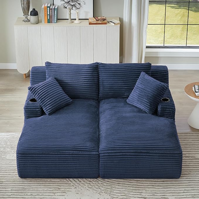 KEIKI Compressible Double Chaise Lounge with Cupholders Cozy Corduroy Sleeper Loveseat for Bedroom or Reading Nook Boneless Chaise Lounge Indoor with Supportive Spring Cushions No Assembly