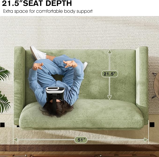 51 Loveseat Sleeper Sofa Bed Chenille Convertible Floor Sofa Bed for Small Spaces Folding Couch Bed with Deep Seat 2 Pillows &amp Solid Frame Pull Out Couch for Living Room Light Green