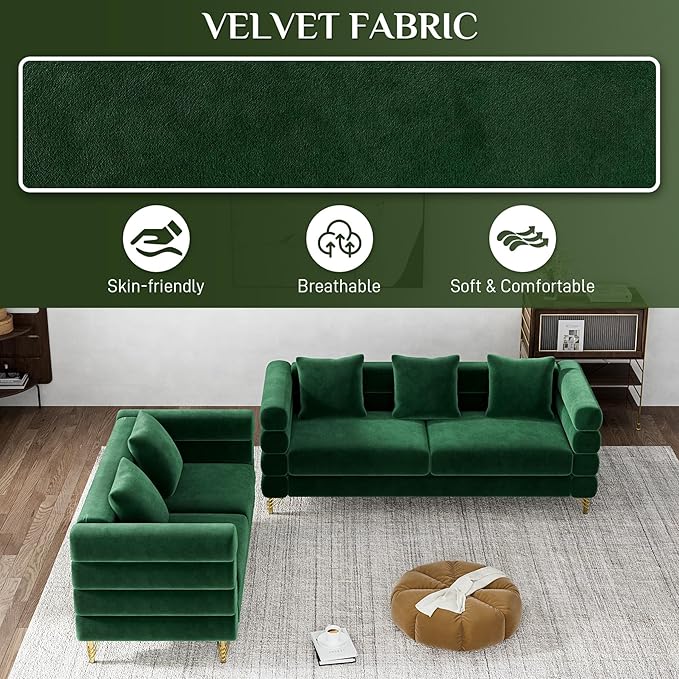 Living Room Sofa and Loveseat Set Modern Comfy Overstuffed Velvet Deep Seat Cloud Couch with 5 Pillows Oversized Chesterfield Furniture Sets for Living Room Bedroom Emerald Green Velvet