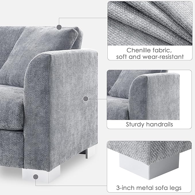 roomfitters 96 * 56 Modern Cloud Sectional Sofa L-Shaped Luxury Couch Set with 2 Pillows 4-Seat Indoor Furniture with Oversized Chaise for Living Room Gray