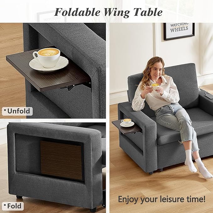 WEUP 42.5 Sleeper Sofa Chair Bed 3-in-1 Convertible Sleeper Chair with Pull Out Bed Adjustable Reclining Backrest Side Pockets Cup Holder USB Ports &amp Wing Table Premium Dark Grey