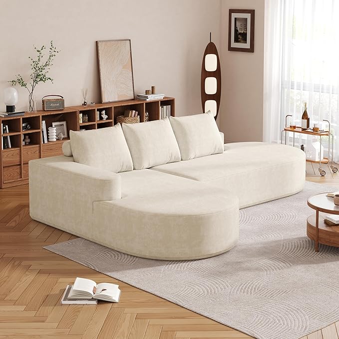 KEIKI 108.5 L Shaped Corner Couch with Chaise Curved Sectional Sofa Upholstered Chenille Sectional Couch for Living Room Bedroom Beige