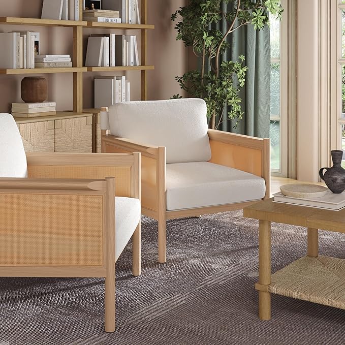 Nathan James Hemming Upholstered Armchair Solid Wood Accent Chair with Boucle Upholstery and Faux Rattan Arm Inlay Cream/Raw Oak Set of 2