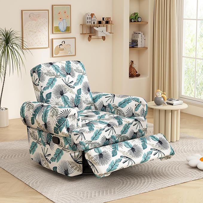 Christopher Knight Home Besty Chenille Upholstered Swivel Recliner Chair Wooden Swivel Accent Chair with Adjustable Backrest Super Comfort Rocker Recliner Sofa for Living Room/Bedroom Green+White