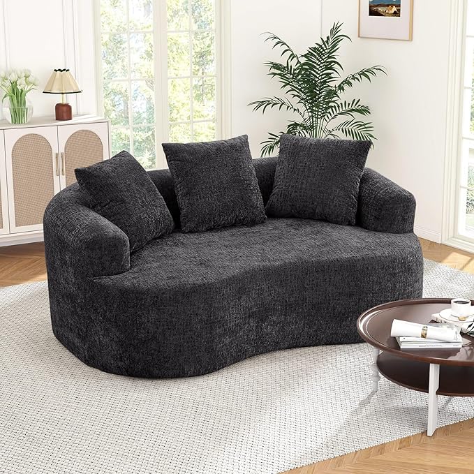 60 Curved Sectional Sofa for Small Spaces - Plush Chenille Modern Cloud Loveseat with Pocket Springs &amp Memory Foam Boneless Floor Couch for Living Room 27.6 Extra Deep Seat No Assembly (Black