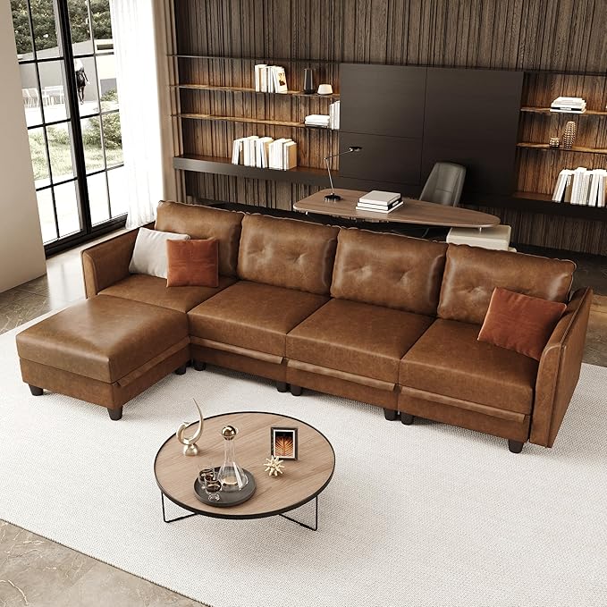 LLappuil Modular Sectional Sofa Convertible L Shaped Couch with Storage Faux Leather Fabric Waterproof Sectional Couch for Living Room 111.8 Width 5 Seat Modular Sofa Brown