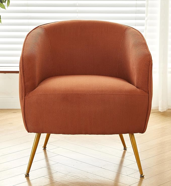 Modern Corduroy Accent Chair with Gold Metal Legs Channel Back Design and Soft Upholstery Comfortable Seating for Living Room Bedroom or Office Cinnamon Brown
