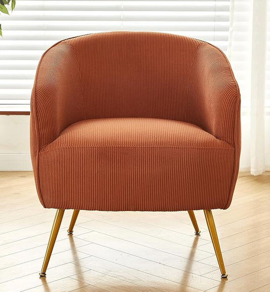 Modern Corduroy Accent Chair with Gold Metal Legs Channel Back Design and Soft Upholstery Comfortable Seating for Living Room Bedroom or Office Cinnamon Brown