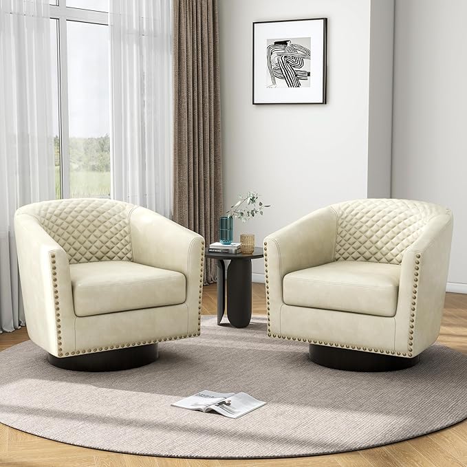 Pia Ricco Faux Leather Swivel Barrel Accent Chairs Set of 2 360° Swivel Round Single Sofa Chair Comfy Upholstered Club Armchair with Nailhead Trim for Living Room/Reading Room/Bedroom Beige