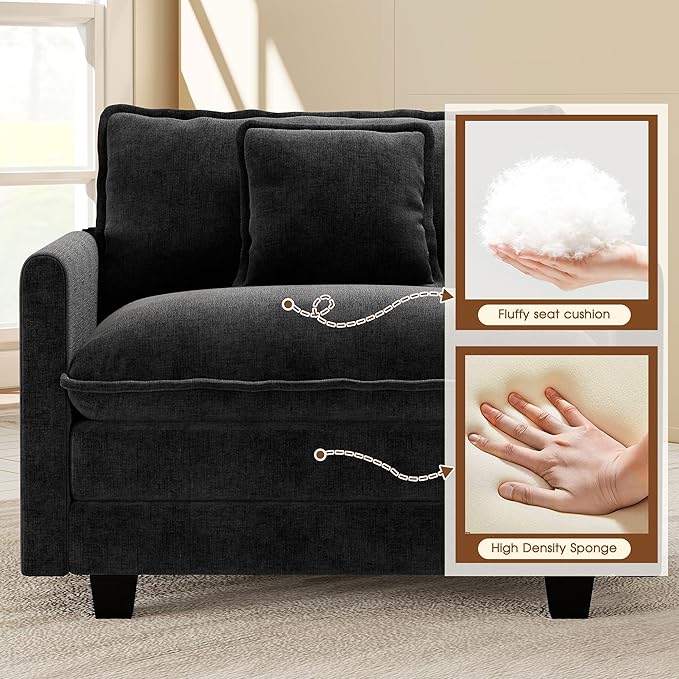 Hanherry 41.8” Oversized Accent Chair Chenille Single Sofa Chair for Living Room Modern Upholstered Reading Chair Deep Seat Comfy Armchair with Pillow for Bedroom and Apartment Black