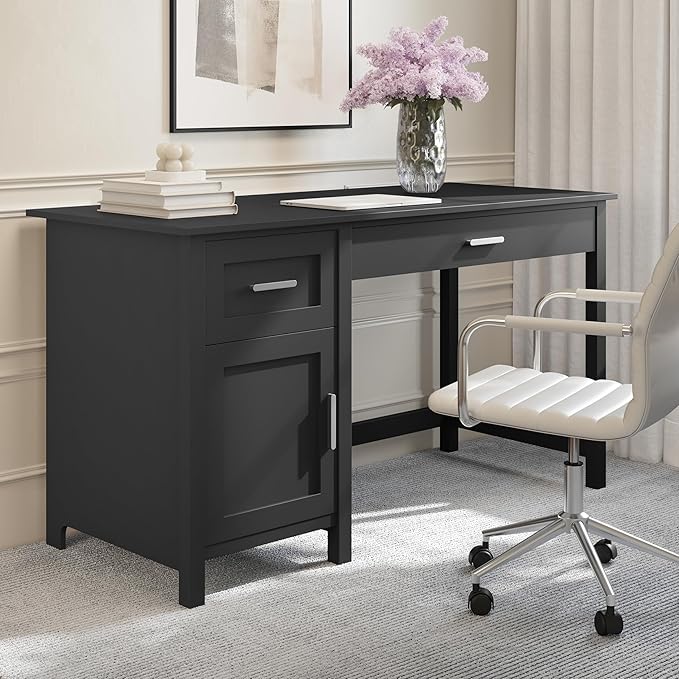Martha Stewart Hutton Shaker Style Home Office Desk with Storage in Black with Brushed Nickel Hardware
