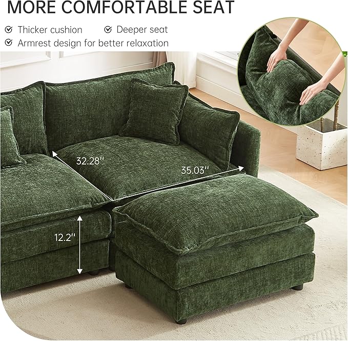 Modular Sectional Sofa 112.2 Inch U Shaped Couch Set with Armrests 3-Seater Comfy Cloud Couches with Movable Ottoman for Living Room Apartment Green