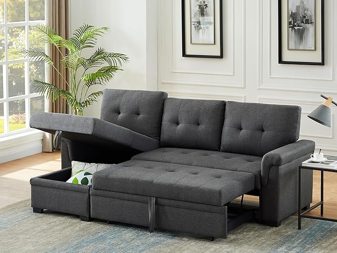 Lilola Home Convertible Sectional Sleeper Sofa Bed 84 Inch L Shaped Couch with Pull Out Bed Storage Chaise Removable Back Cushions for Living Room Office Linen Fabric Dark Gray